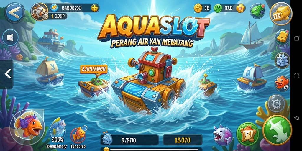 Screenshot utama AQUASLOT menunjukkan pertempuran seru dengan air sebagai senjata.