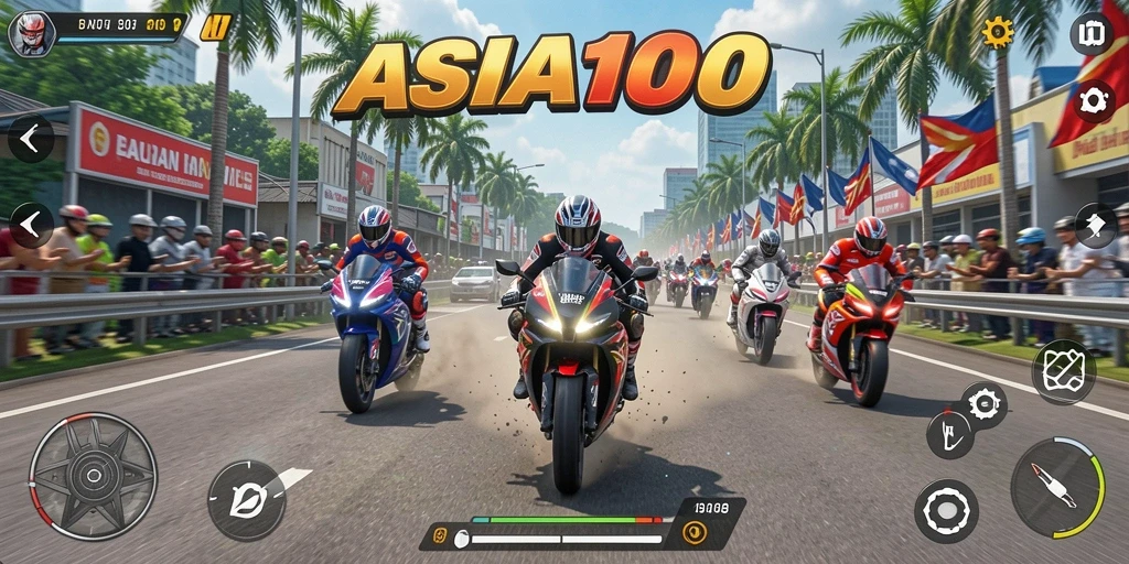 Tangkapan layar <strong>ASIA100</strong> menampilkan aksi balapan motor yang mendebarkan.