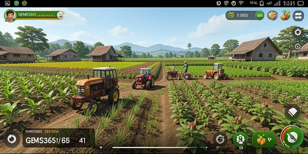 Screenshot gameplay <strong>GEMS365</strong> menunjukkan suasana pertanian yang indah.