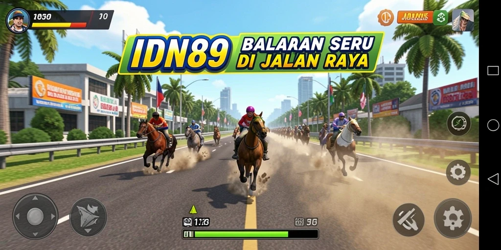 Tangkapan layar gameplay IDN89 yang menampilkan aksi balapan yang mendebarkan.