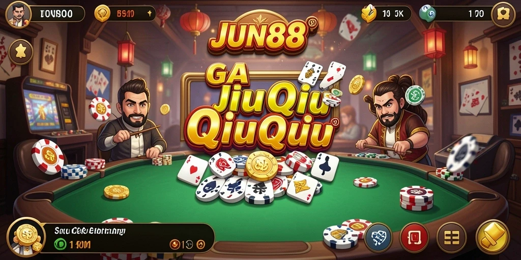 Tampilan gameplay seru QiuQiu di JUN88 dengan pemain bersemangat.