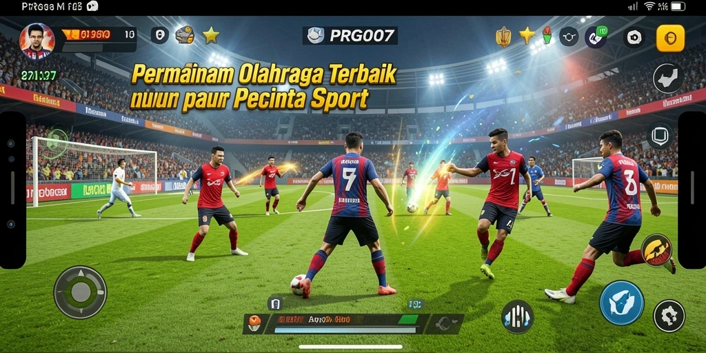 Screenshot utama menampilkan gameplay seru di arena olahraga.