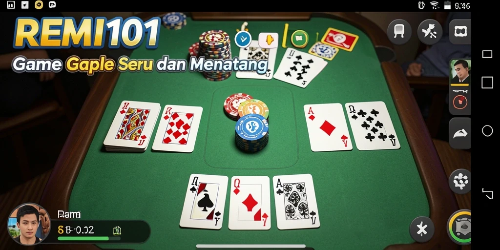 Screenshot REMI101 menunjukkan suasana bermain Gaple yang interaktif dan menyenangkan.
