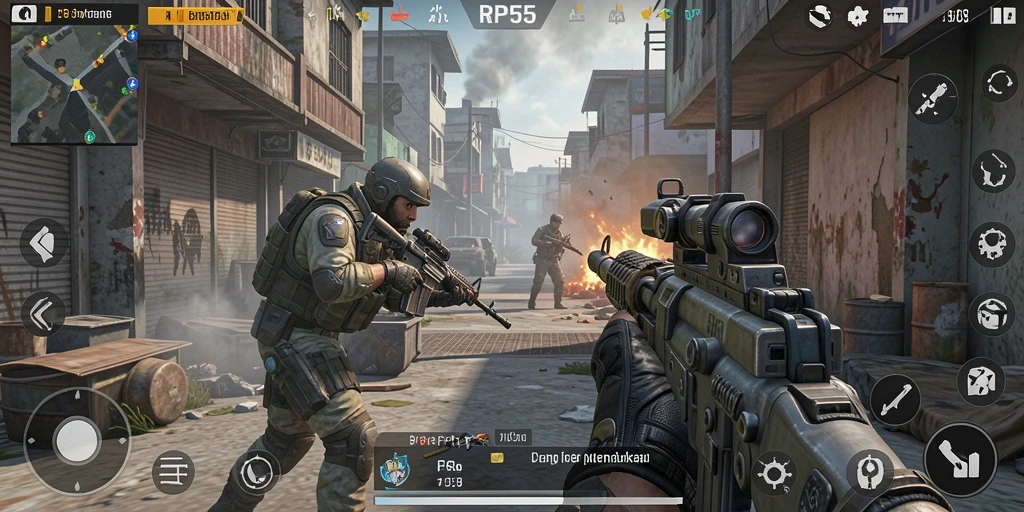 Tampilan seru gameplay RP55 dalam aksi pertempuran FPS.