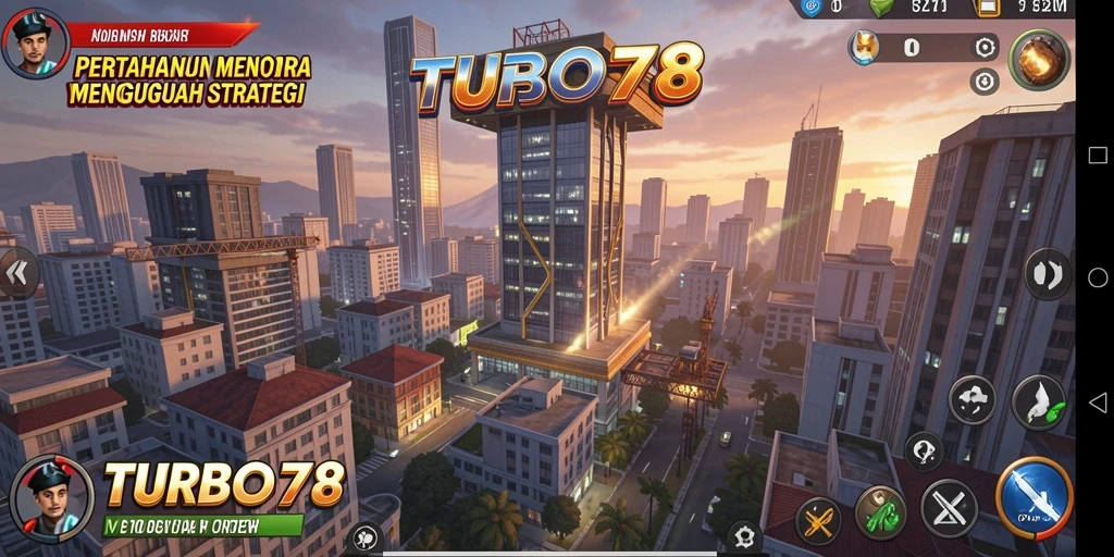 Screenshot utama TURBO78 menampilkan gameplay menara yang penuh aksi.